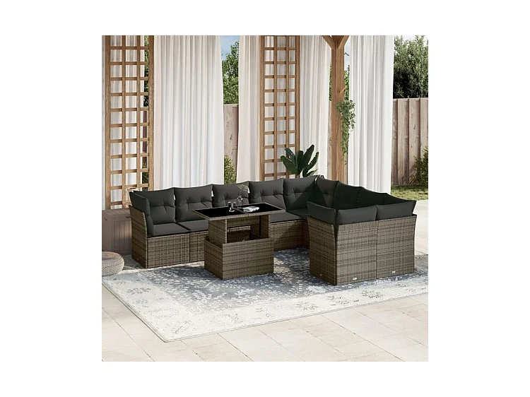 Salon de jardin avec coussins 10 pcs gris résine tressée