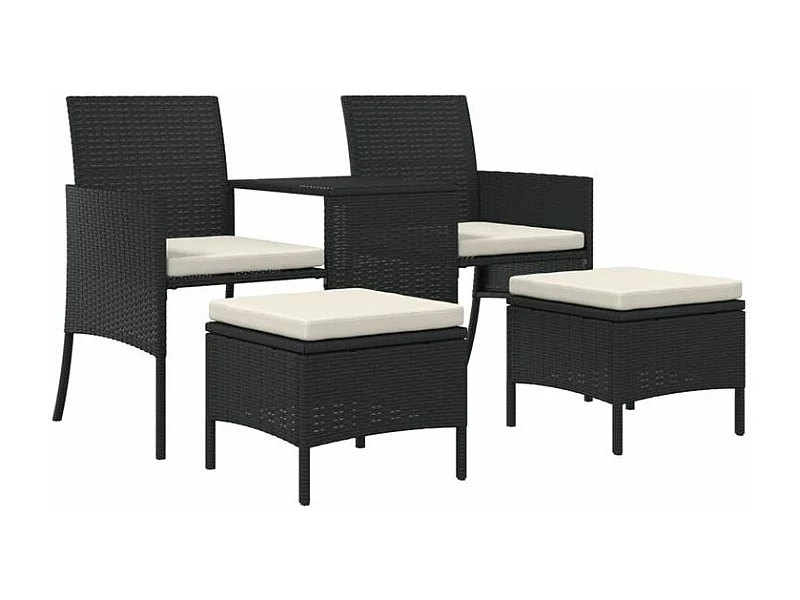 Canapé de jardin 2 places avec table et tabourets noir rotin