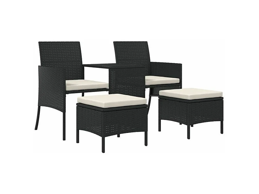 Canapé de jardin 2 places avec table et tabourets noir rotin