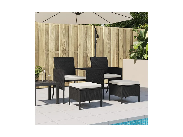 Canapé de jardin 2 places avec table et tabourets noir rotin