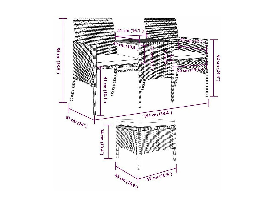 Canapé de jardin 2 places avec table et tabourets noir rotin