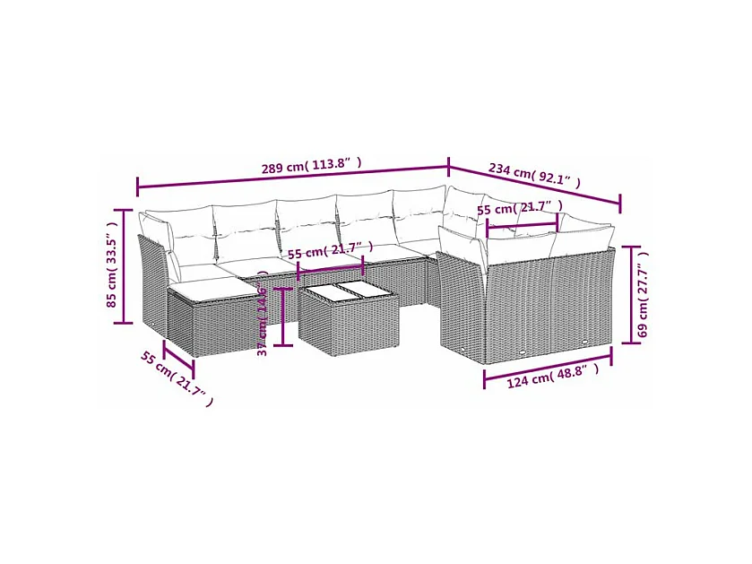 Salon de jardin et coussins 11 pcs marron résine tressée