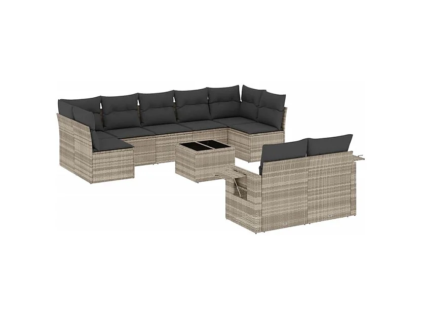 Salon de jardin avec coussins 10 pcs gris clair résine tressée