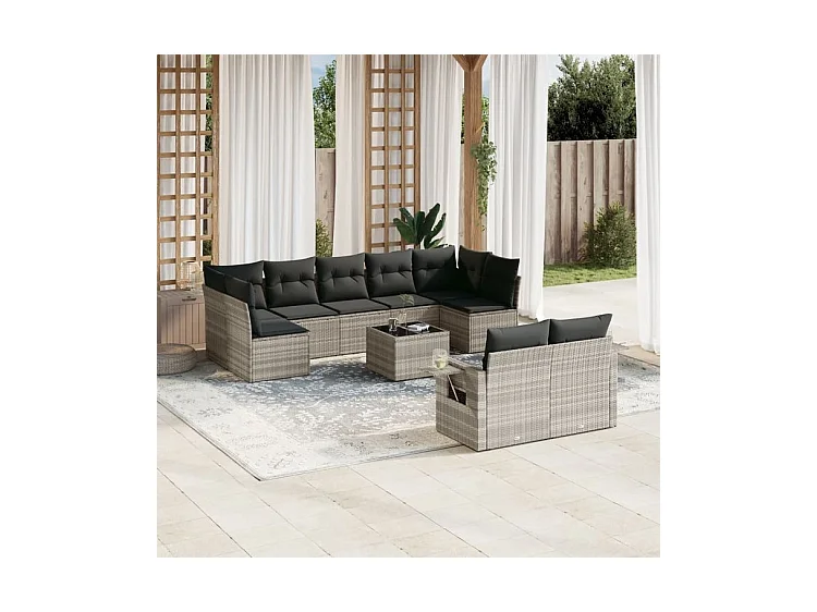 Salon de jardin avec coussins 10 pcs gris clair résine tressée