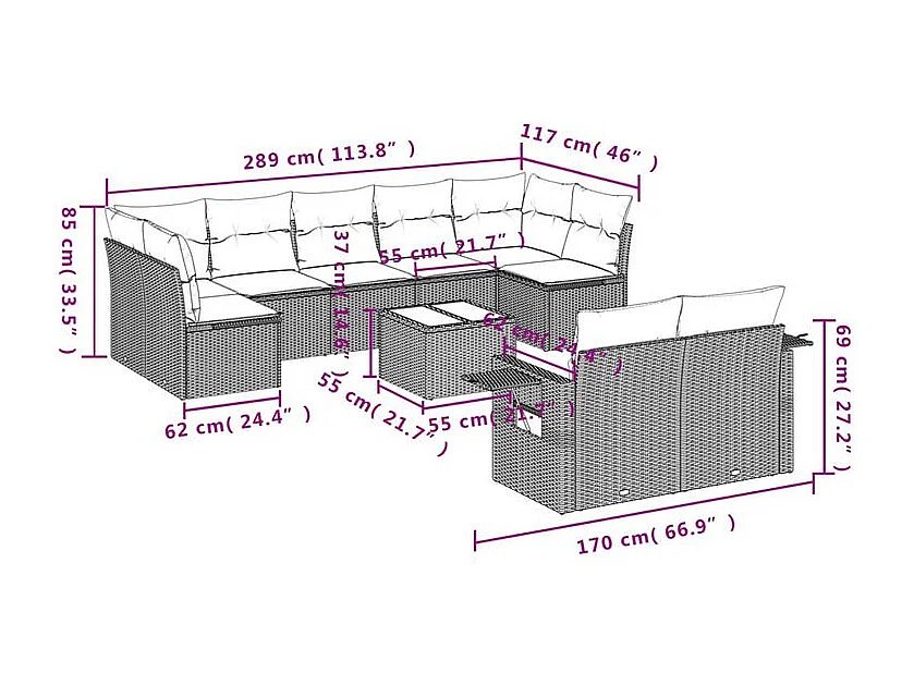 Salon de jardin avec coussins 10 pcs gris clair résine tressée