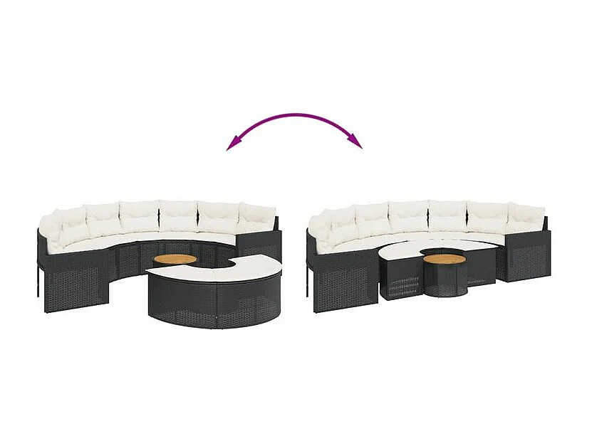 Salon de jardin 3 pcs demi-rond noir résine tressée