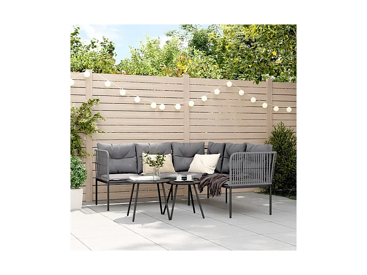 Canapé de jardin avec coussins forme de L noir acier textilène