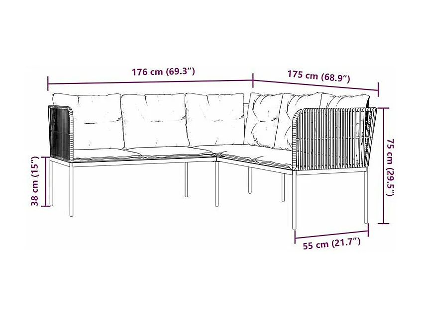 Canapé de jardin avec coussins forme de L noir acier textilène