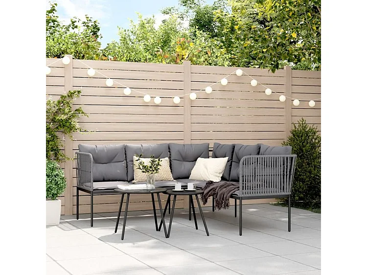 Canapé de jardin avec coussins forme de L noir acier textilène