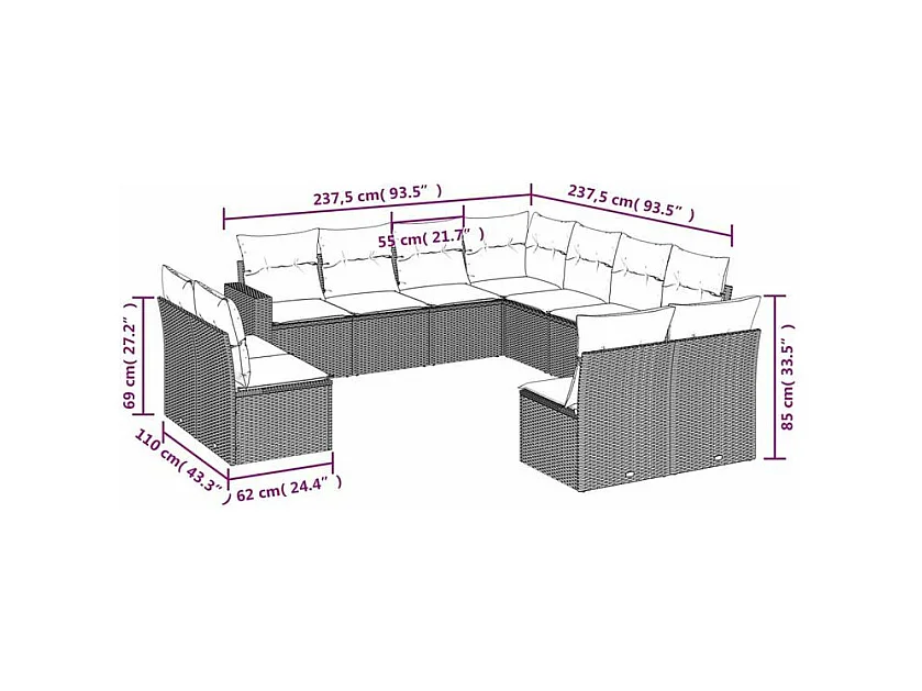 Salon de jardin 11 pcs avec coussins gris clair résine tressée