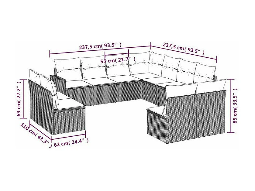 Salon de jardin 11 pcs avec coussins gris clair résine tressée