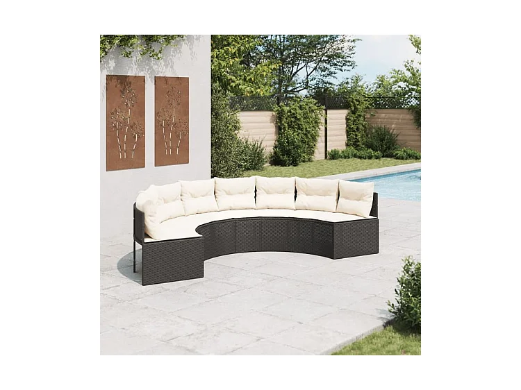 Canapé de jardin avec coussins demi-rond noir résine tressée