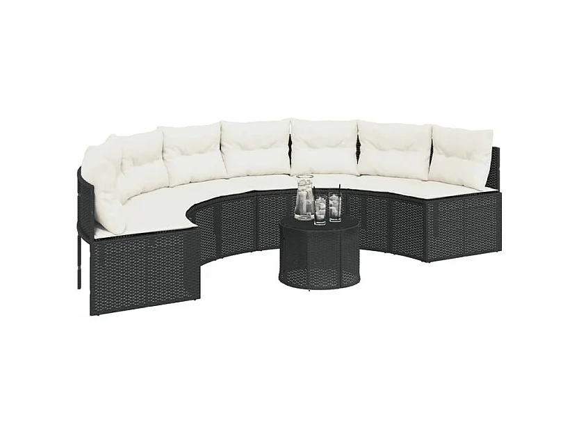 Canapé de jardin avec coussins demi-rond noir résine tressée