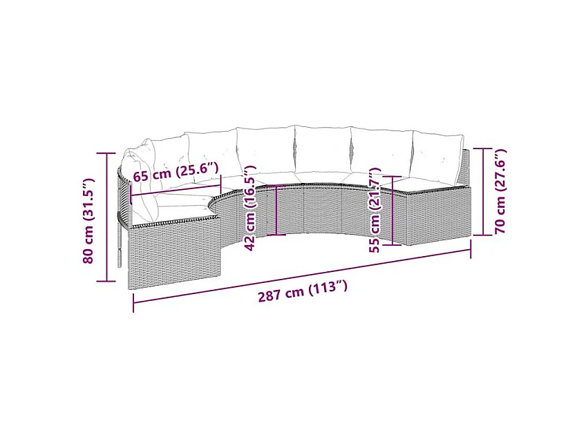 Canapé de jardin avec coussins demi-rond noir résine tressée