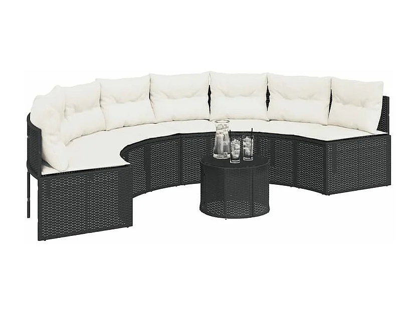 Canapé de jardin avec coussins demi-rond noir résine tressée