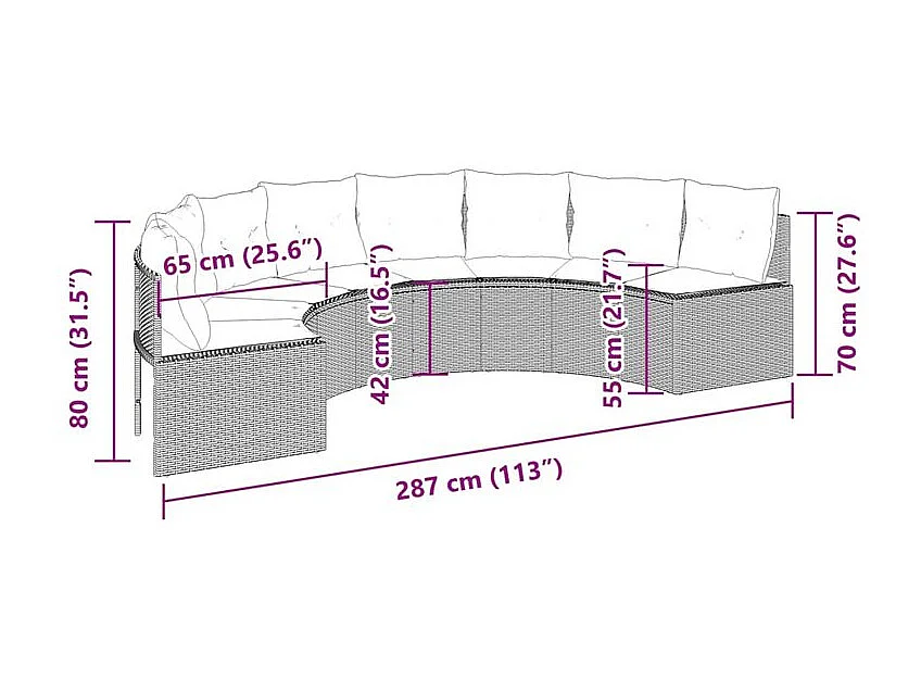 Canapé de jardin avec coussins demi-rond noir résine tressée