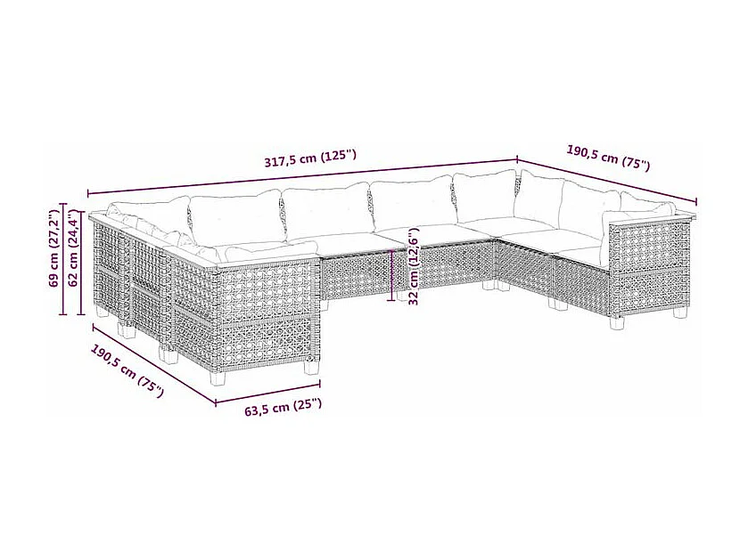 Salon de jardin 9 pcs avec coussins gris résine tressée