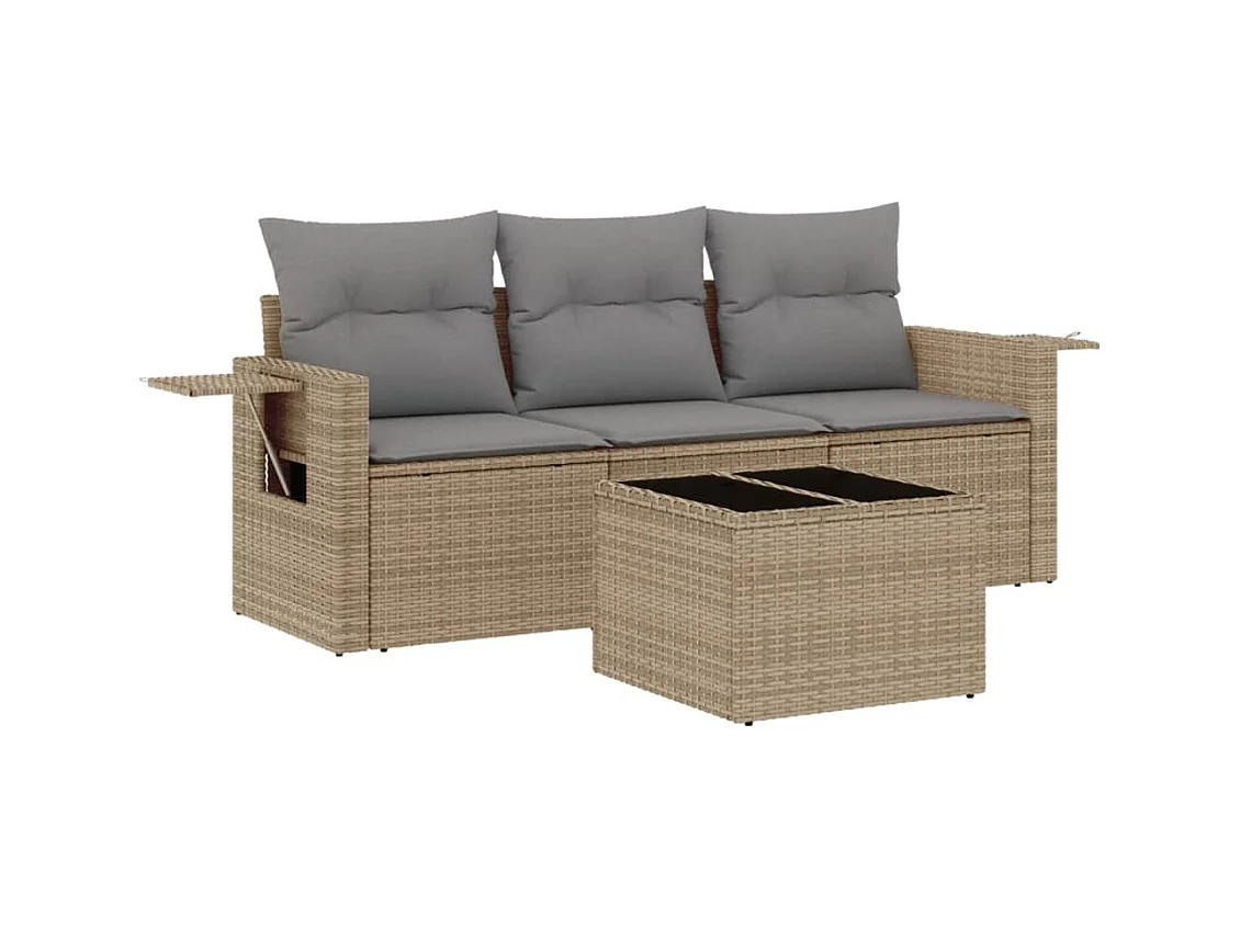 Salon de jardin avec coussins 4 pcs beige résine tressée