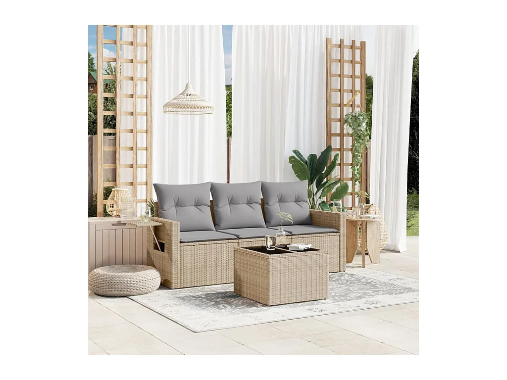 Salon de jardin avec coussins 4 pcs beige résine tressée