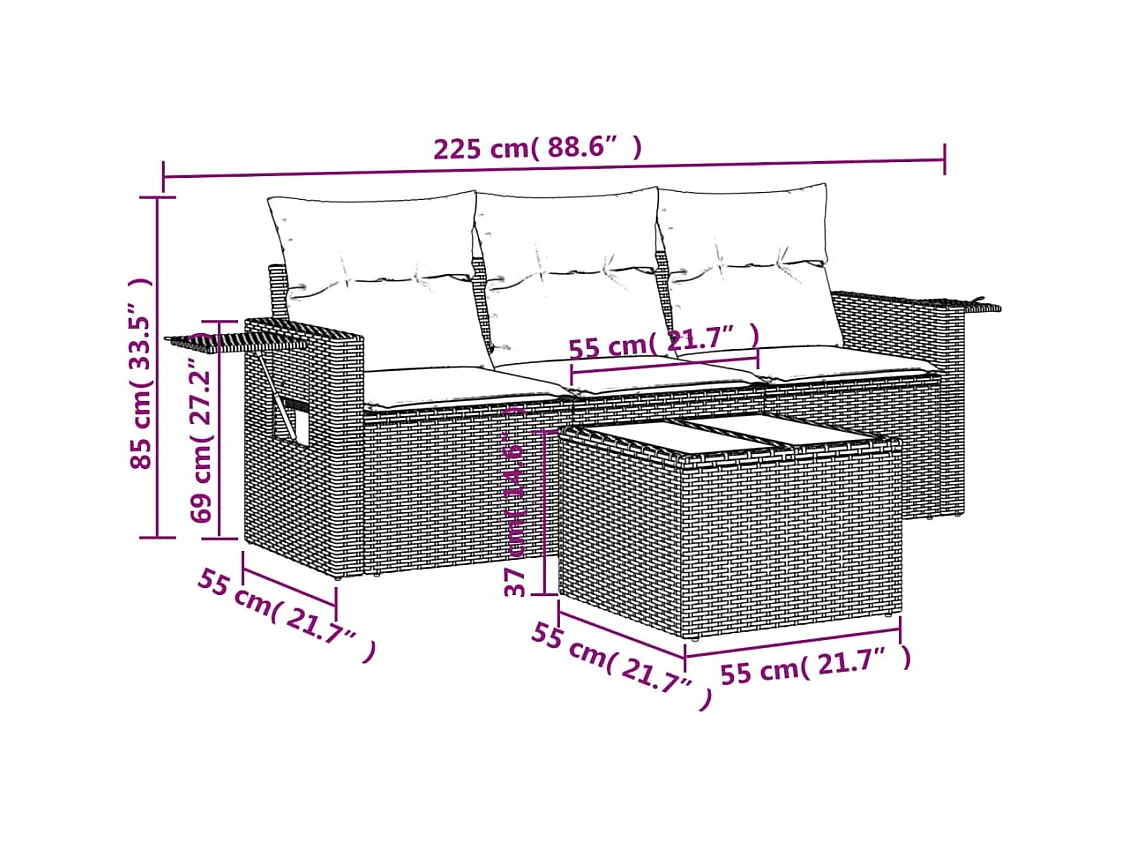 Salon de jardin avec coussins 4 pcs beige résine tressée