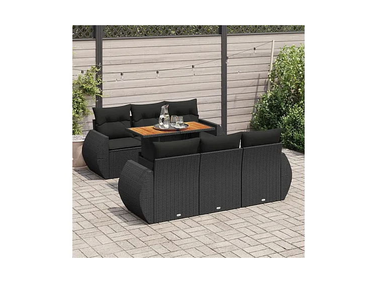 Salon de jardin 7 pcs avec coussins noir résine tressée