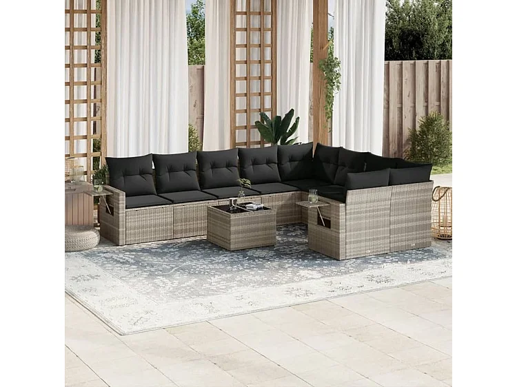 Salon de jardin avec coussins 10 pcs gris clair résine tressée