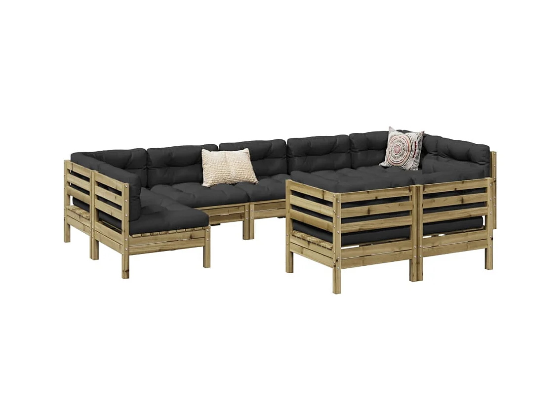 Salon de jardin 9 pcs avec coussins bois de pin imprégné