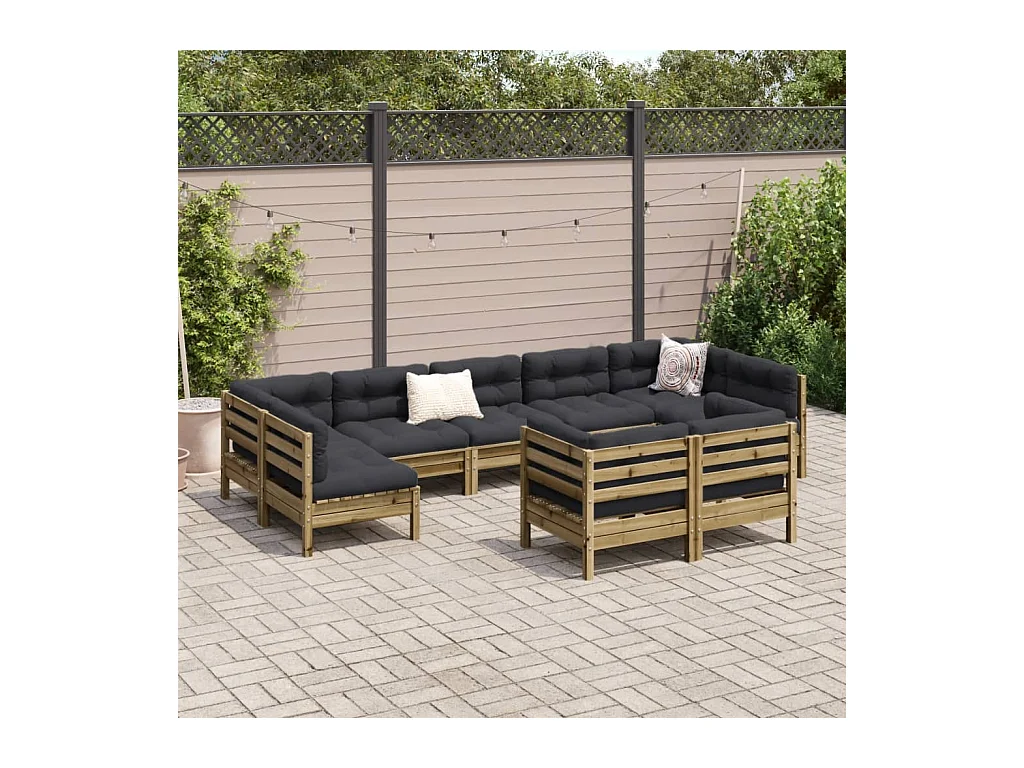 Salon de jardin 9 pcs avec coussins bois de pin imprégné