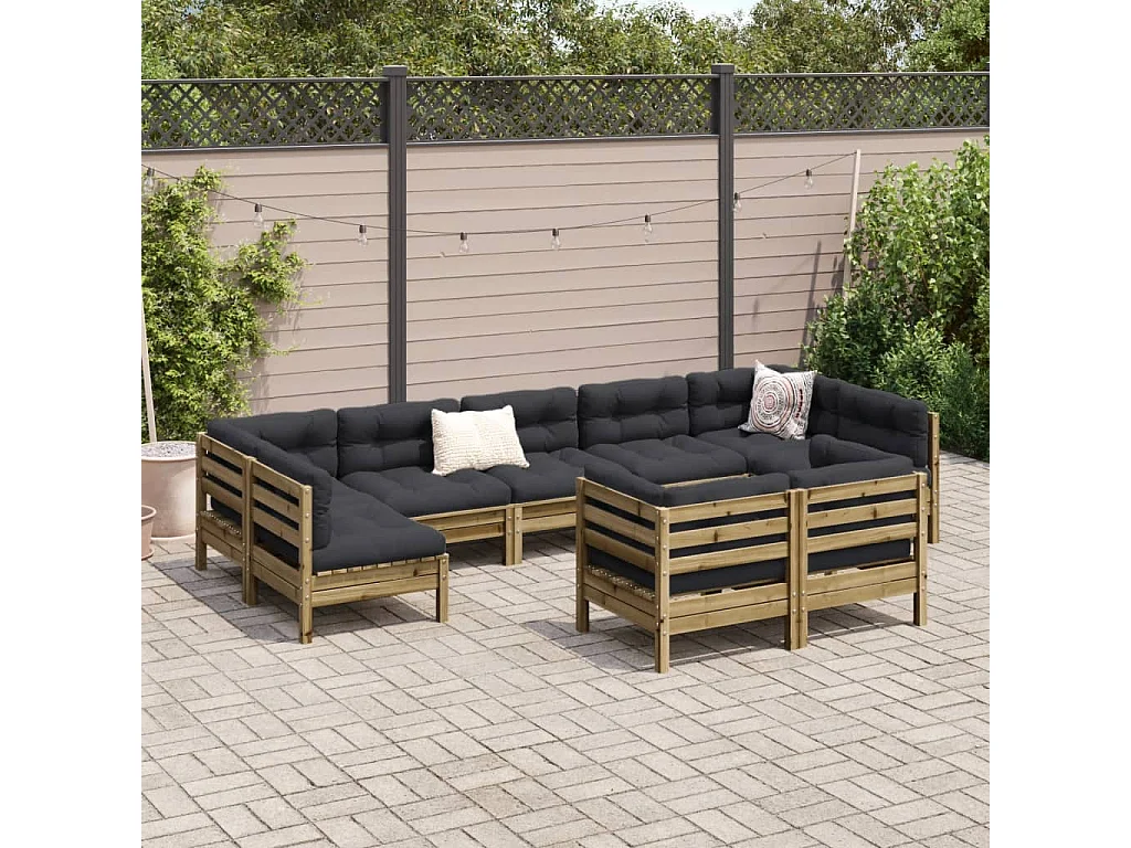 Salon de jardin 9 pcs avec coussins bois de pin imprégné