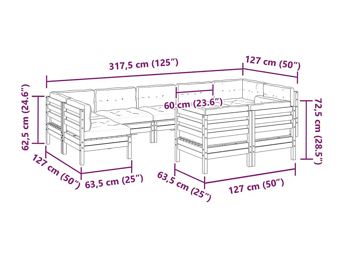 Salon de jardin 9 pcs avec coussins bois de pin imprégné