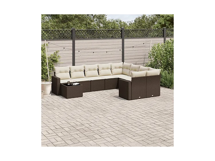 Salon de jardin 10 pcs avec coussins marron résine tressée