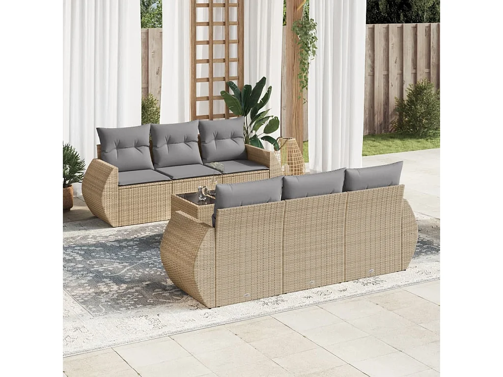 Salon de jardin avec coussins 7 pcs beige résine tressée