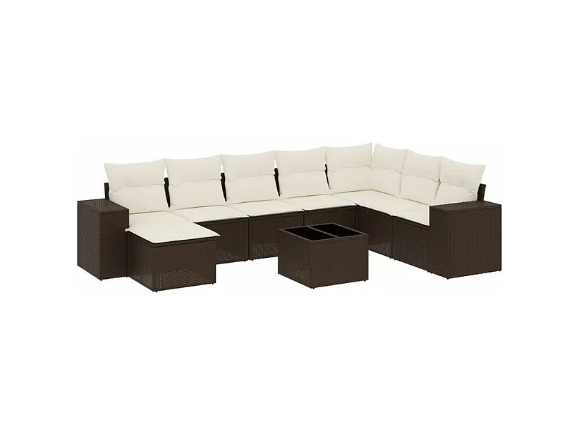 Salon de jardin avec coussins 9 pcs marron résine tressée