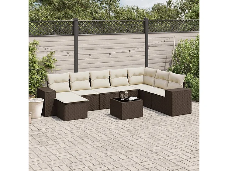 Salon de jardin avec coussins 9 pcs marron résine tressée