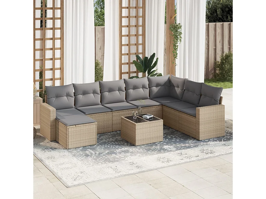 Salon de jardin avec coussins 9 pcs beige résine tressée