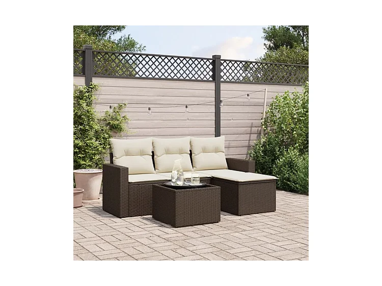 Salon de jardin avec coussins 5 pcs marron résine tressée