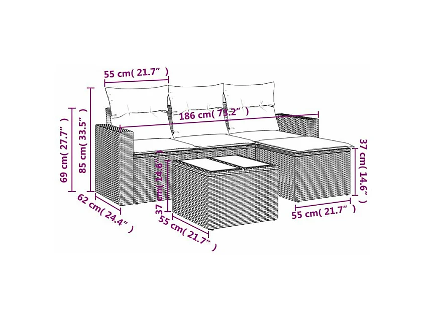 Salon de jardin avec coussins 5 pcs marron résine tressée