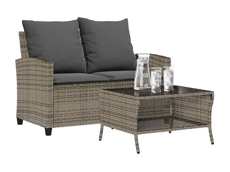 Canapé de jardin 2 places coussins et table gris résine tressée