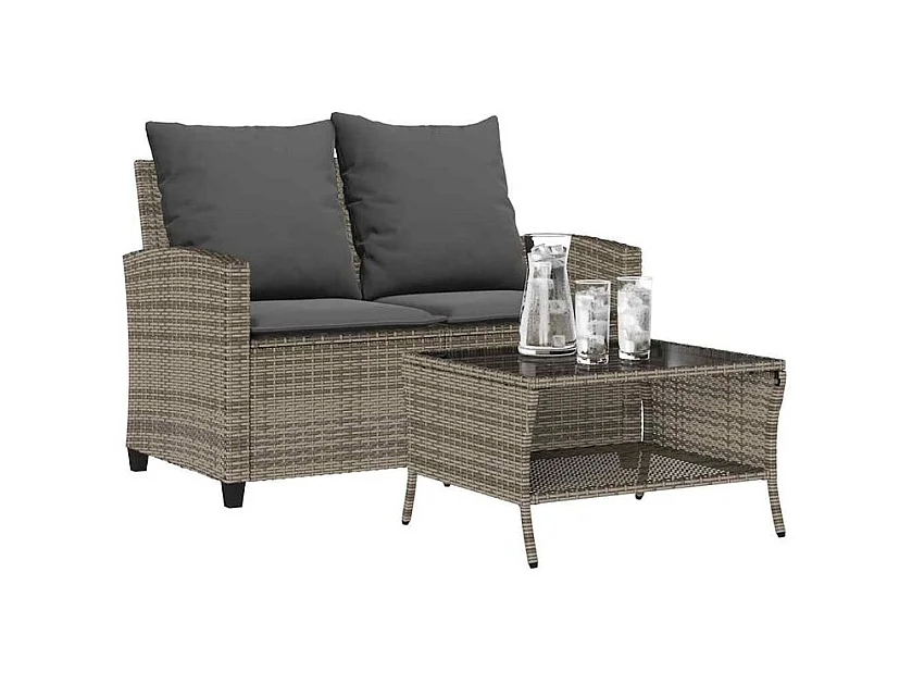 Canapé de jardin 2 places coussins et table gris résine tressée