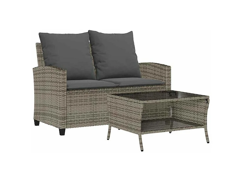 Canapé de jardin 2 places coussins et table gris résine tressée