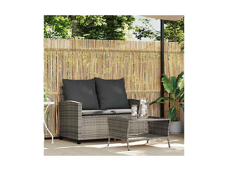 Canapé de jardin 2 places coussins et table gris résine tressée