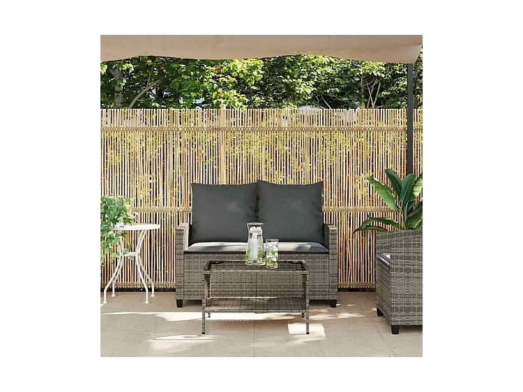 Canapé de jardin 2 places coussins et table gris résine tressée