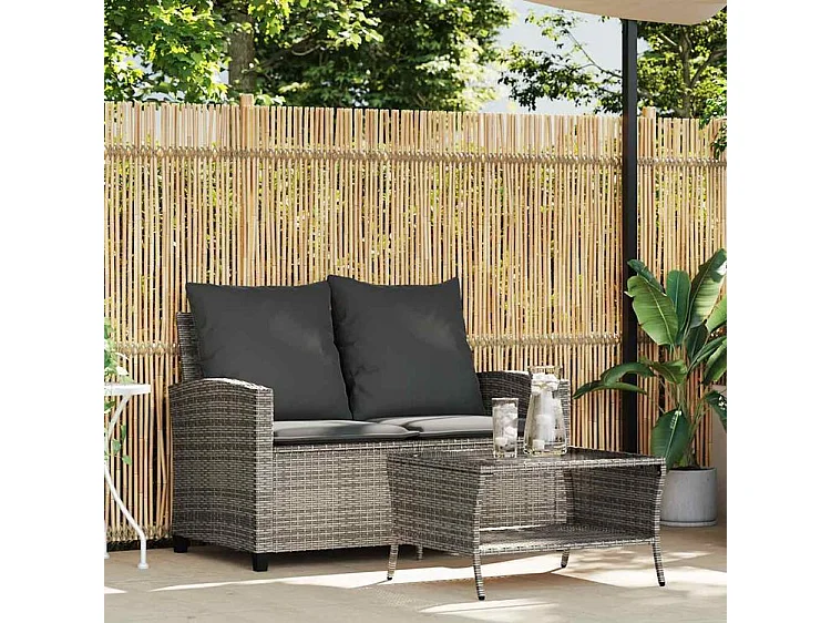 Canapé de jardin 2 places coussins et table gris résine tressée