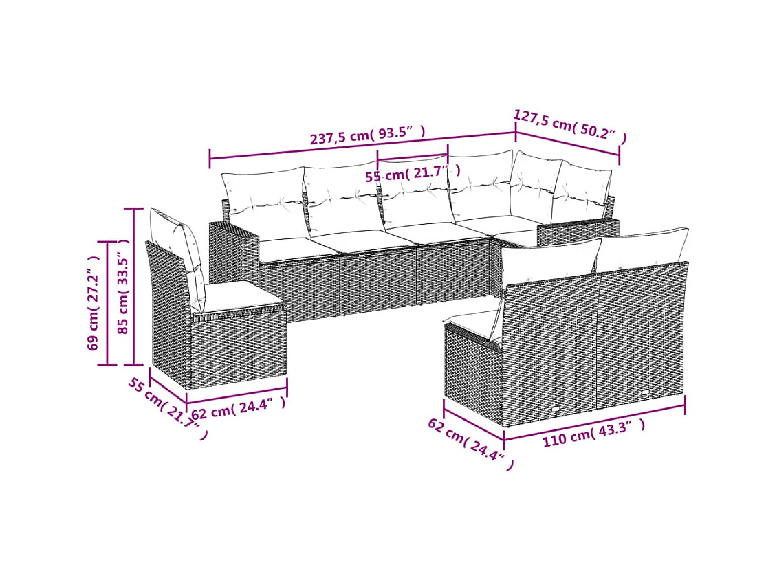 Salon de jardin avec coussins 8 pcs beige résine tressée