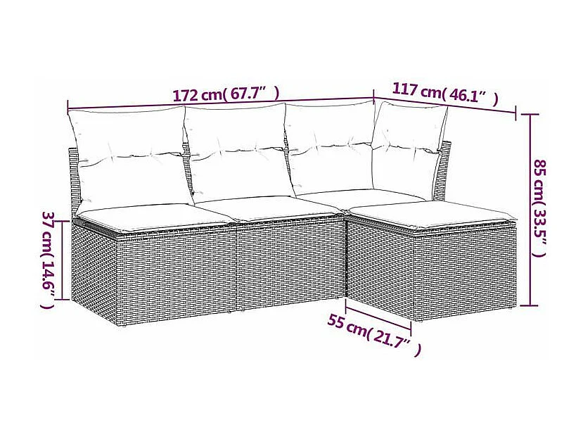 Salon de jardin 4 pcs avec coussins gris clair résine tressée