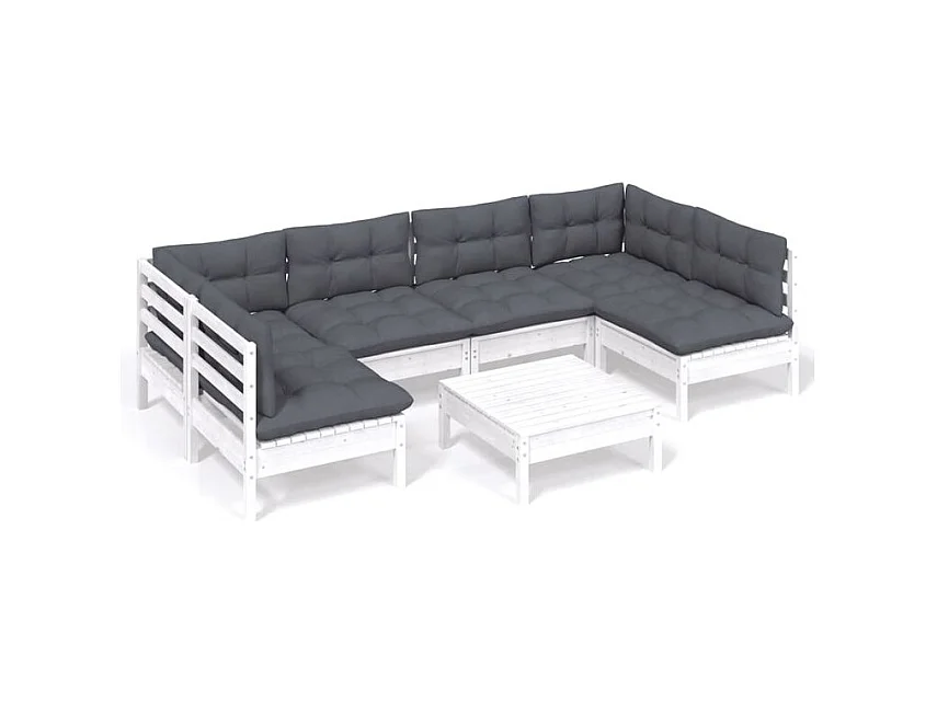 Salon de jardin 7 pcs avec coussins blanc bois de pin massif