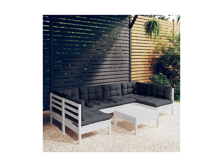 Salon de jardin 7 pcs avec coussins blanc bois de pin massif