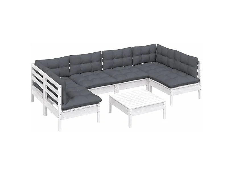 Salon de jardin 7 pcs avec coussins blanc bois de pin massif
