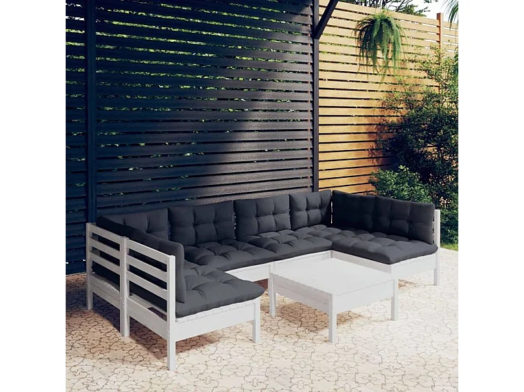 Salon de jardin 7 pcs avec coussins blanc bois de pin massif