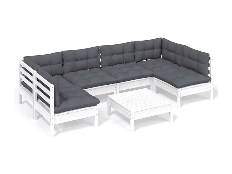 Salon de jardin 7 pcs avec coussins blanc bois de pin massif